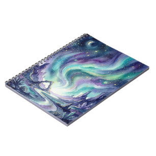 Caderno Espiral Paisagem Romântica Noturna das Luzes do Norte sob