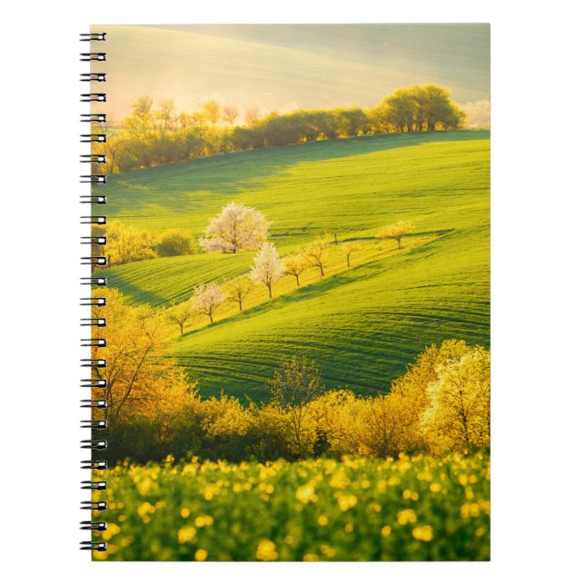 Caderno Espiral Paisagem rural tranquila em raios solares. Belo so (Frente)