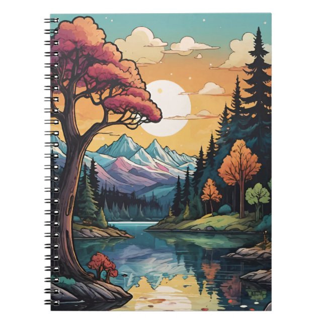 Caderno Espiral Paisagem Sunset de Serenidade Lakeside Encantada (Frente)