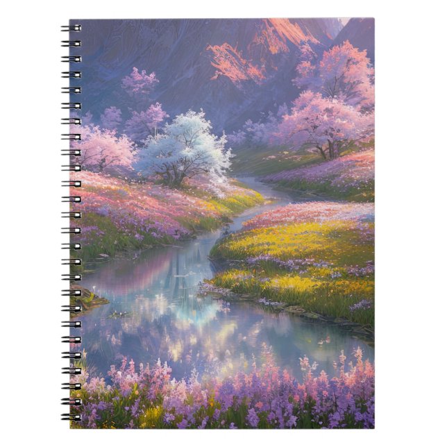 Caderno Espiral Paisagem transbordando com Flora Delicada Rosa (Frente)