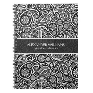 Caderno Espiral Paisley Preto e Branco Elegante