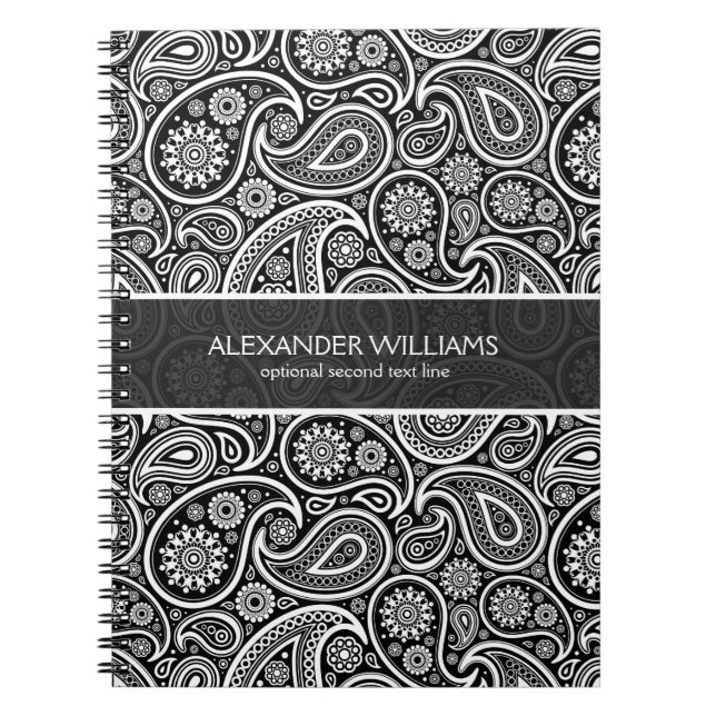 Caderno Espiral Paisley Preto e Branco Elegante (Frente)