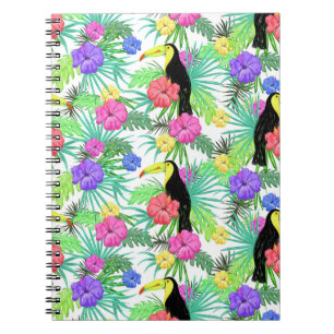 Caderno Espiral Palma Tropical Watercolor,Hibiskus Toucan Havaiano