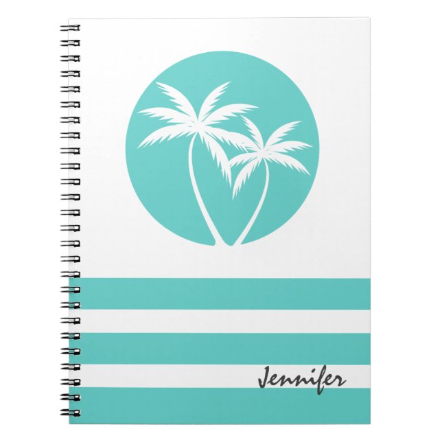 Caderno Espiral Palmeiras tropicais com faixas e nome (Frente)