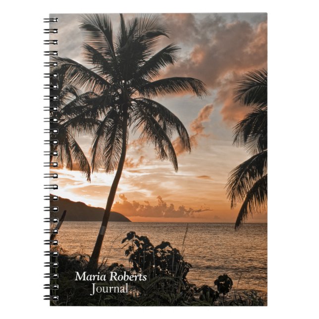 Caderno Espiral Palmeiras Tropicais de Praia Sunset Personalizam (Frente)
