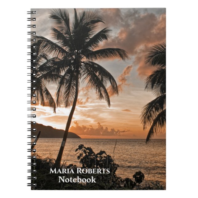 Caderno Espiral Palmeiras Tropicais de Praia Sunset Personalizam (Frente)