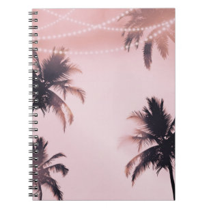 Caderno Espiral Palmeiras Tropicais e Luzes Rosa Beachy Beach