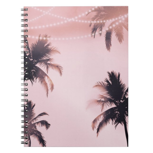 Caderno Espiral Palmeiras Tropicais e Luzes Rosa Beachy Beach (Frente)