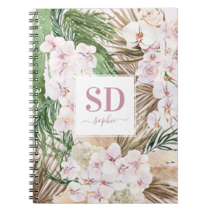 Caderno Espiral Pampas, orquídea, texto de escrita foliar tropical