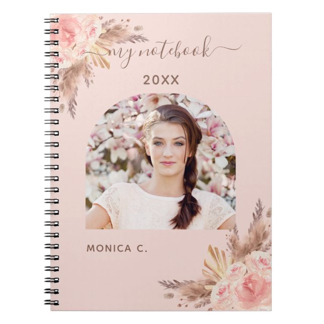 Caderno Espiral Pampas rosa dourado borrão floral fotografia (Frente)