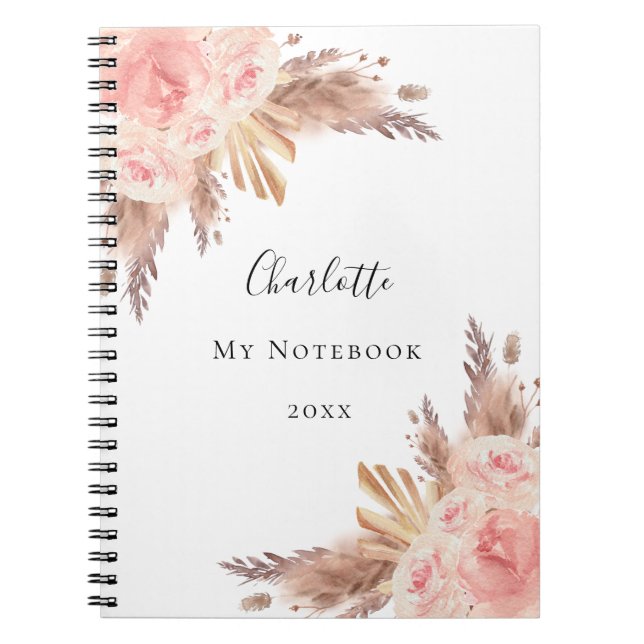 Caderno Espiral Pampas rosa ouro floral (Frente)
