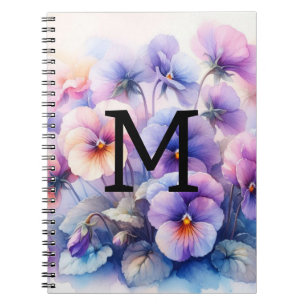 Caderno Espiral Pancas roxas cor-de-água floral monograma cor-de-r