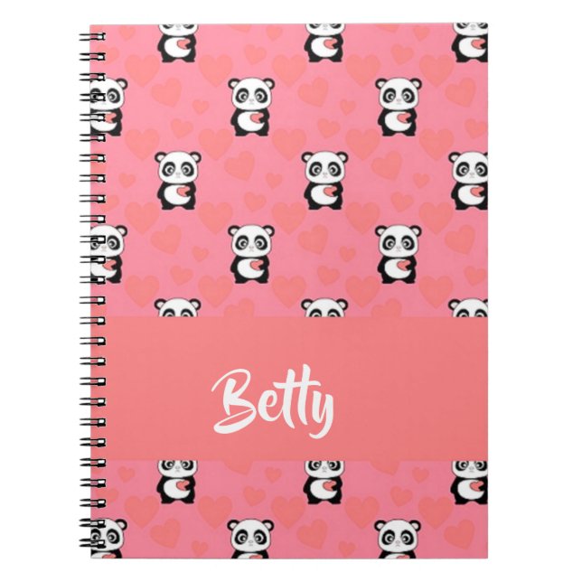 Caderno Espiral Panda ama um padrão rosa (Frente)