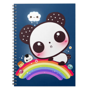 Caderno Espiral Panda bonito com comida do kawaii no arco-íris
