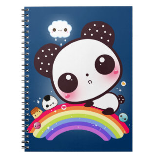 Caderno Espiral Panda bonito com comida do kawaii no arco-íris