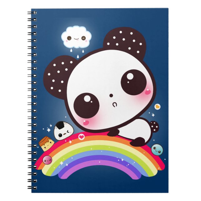 Caderno Espiral Panda bonito com comida do kawaii no arco-íris (Frente)