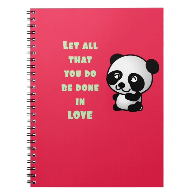 Caderno Espiral Panda com citação de amor inspiracional (Frente)