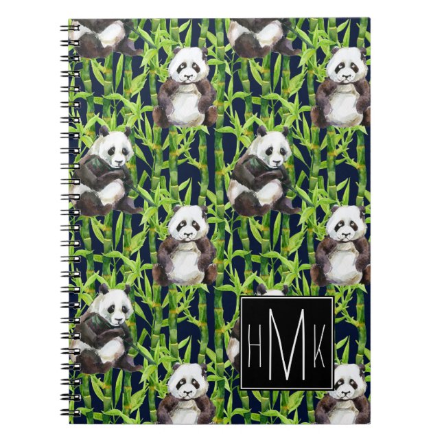Caderno Espiral Panda com monograma de bambu do teste padrão | da (Frente)