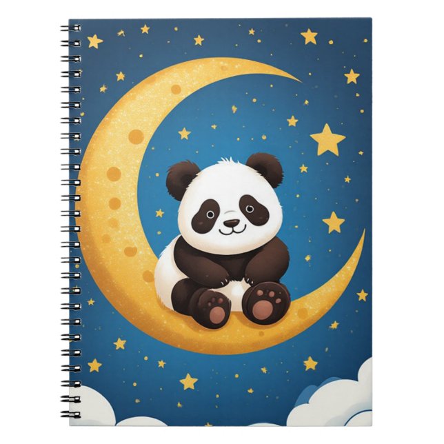 Caderno Espiral Panda Fofo Sentado numa Lua Crescente Dourada (Frente)