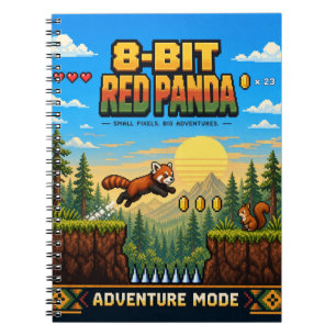 Caderno Espiral Panda Vermelho, Arte Pixel 8-Bit Retro
