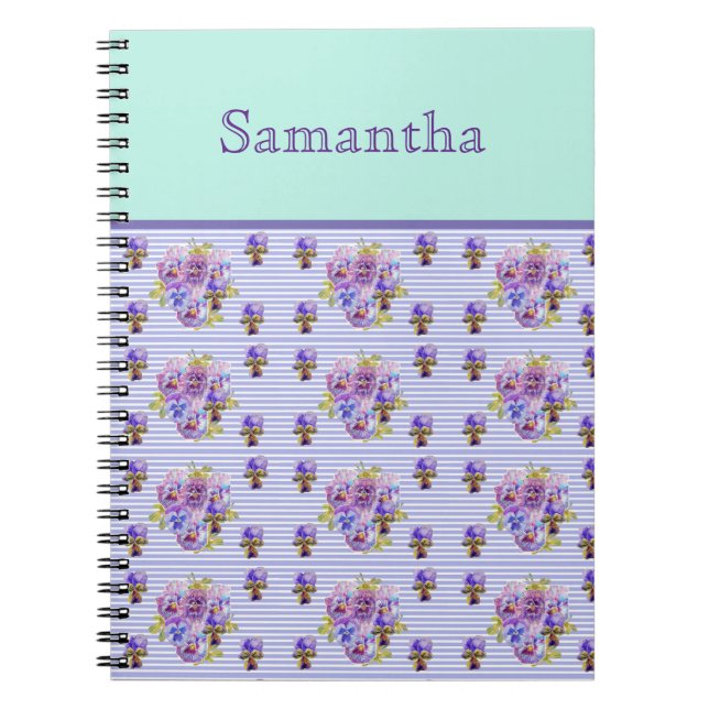 Caderno Espiral Pansy Flower Aqua Stripe art floral Girls Name (Frente)