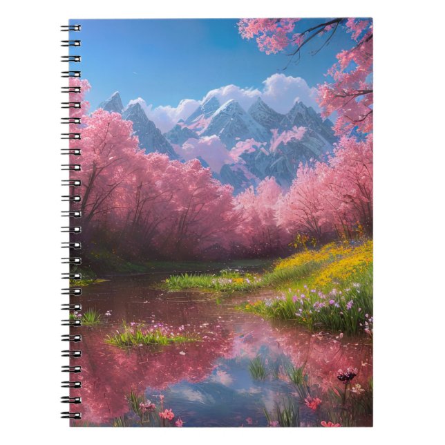 Caderno Espiral Pântano adorinhado com árvores floridas (Frente)