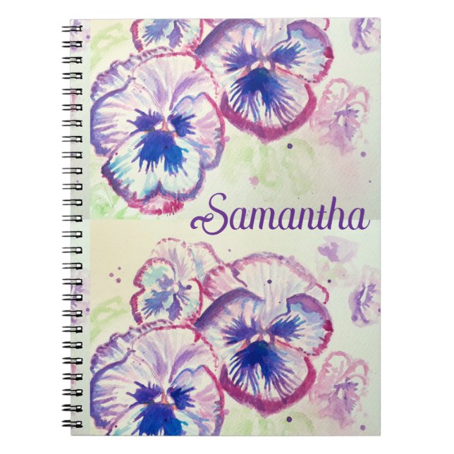 Caderno Espiral Panteras Pansy Flores Púrpuras Nome Floral de Aqua (Frente)