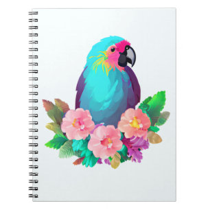 Caderno Espiral Papagaio Azul Tropical com Flores Tropicais