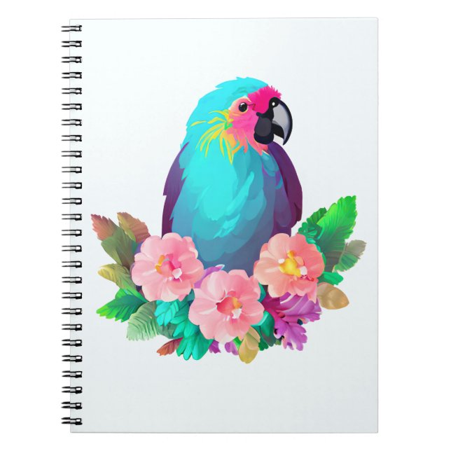 Caderno Espiral Papagaio Azul Tropical com Flores Tropicais (Frente)