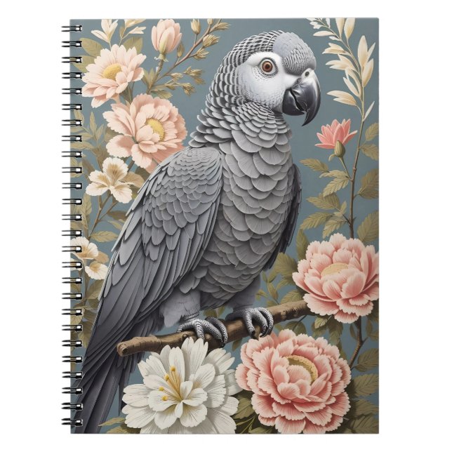 Caderno Espiral Papagaio-Cinza Africano Gordo Com Florais Elegante (Frente)