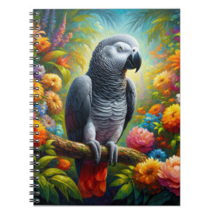 Caderno Espiral Papagaio de Cinza Africano com Flores Coloridas