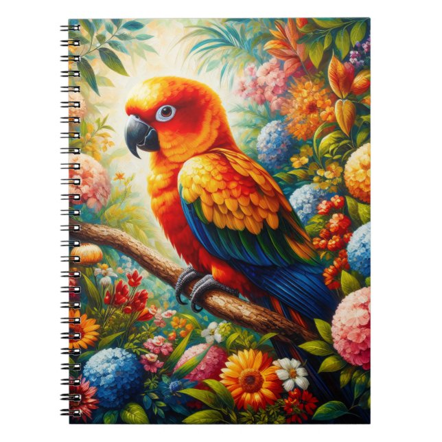 Caderno Espiral Papagaio Sun Conure com Flores Coloridas (Frente)