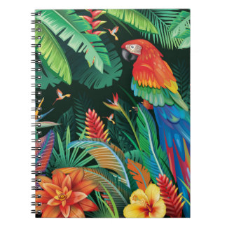 Caderno Espiral Papagaio Tropical: Fundo Floral Exótico.
