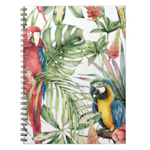 Caderno Espiral Papagaios tropicais, hibisco: padrão de aquarelas.