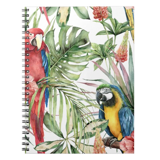 Caderno Espiral Papagaios tropicais, hibisco: padrão de aquarelas. (Frente)