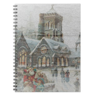 Caderno Espiral Papai Noel antigo com crianças em frente a uma igr