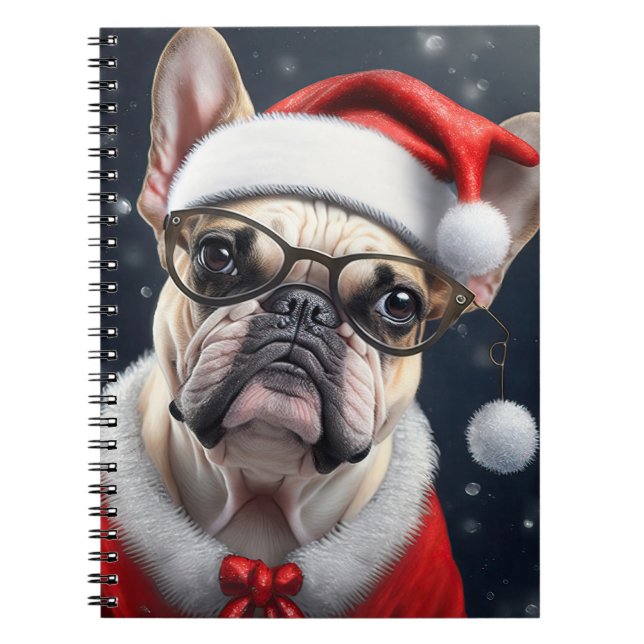 Caderno Espiral Papai noel de Natal de Cachorro Francês (Frente)