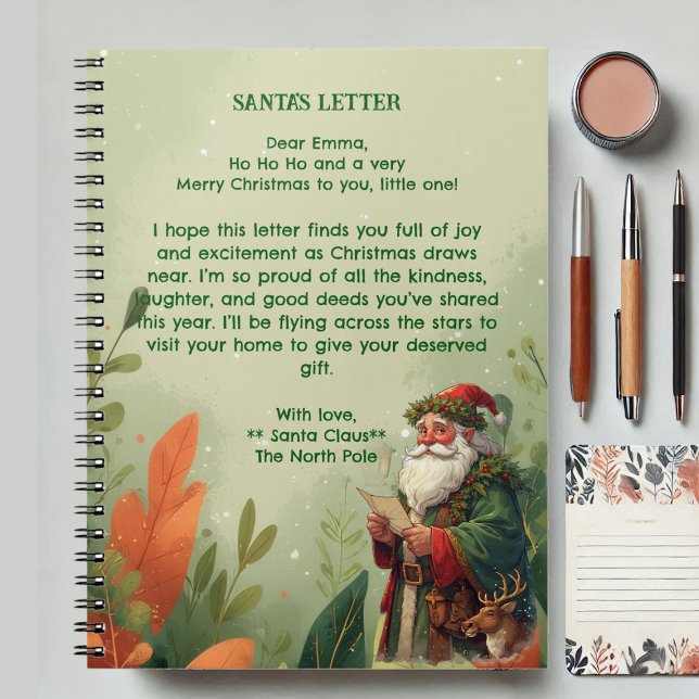 Caderno Espiral Papai Noel Personalizado Rena do Polo Norte Verde (Personalized Santa Claus North Pole Reindeer Green Notebook)