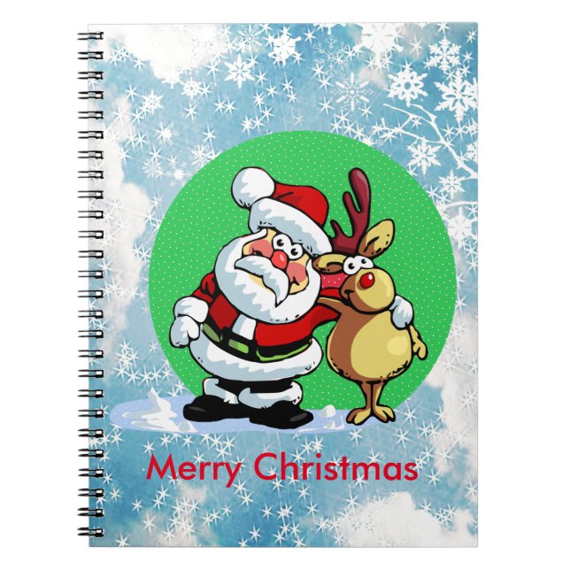 Caderno Espiral Papai Noel se abraçando com renas (Frente)
