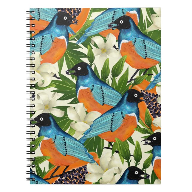 Caderno Espiral Papaya tropical e padrão de pássaros. (Frente)