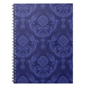 Caderno Espiral Papel de parede floral azul luxuoso do damasco