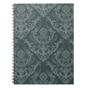 Caderno Espiral Papel de parede floral verde luxuoso do damasco