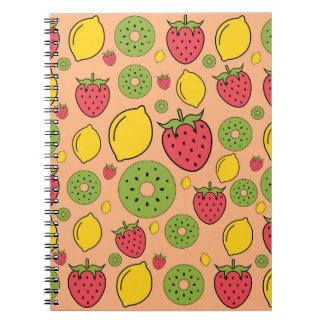 Caderno Espiral Papel de parede frutado: morangos, limões, kiwis.