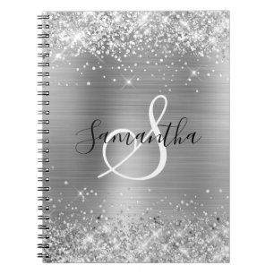 Caderno Espiral Papel Prateado Brilhante Monograma Elegante