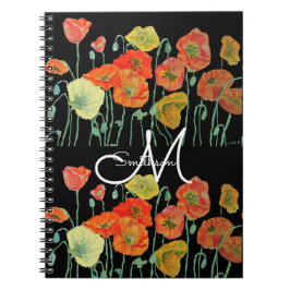 Caderno Espiral Papoula Laranja Vermelha Papoulas Pretas floral Aq
