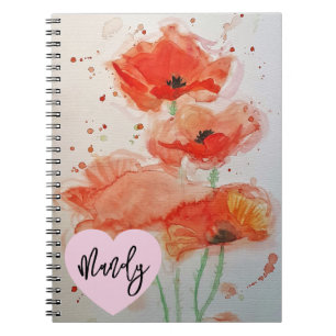 Caderno Espiral Papoula Vermelha Papoulas Aquarela Floral Nome Fem
