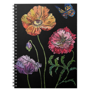 Caderno Espiral Papoulas Bonitas em Pintura de Aquarela Preta
