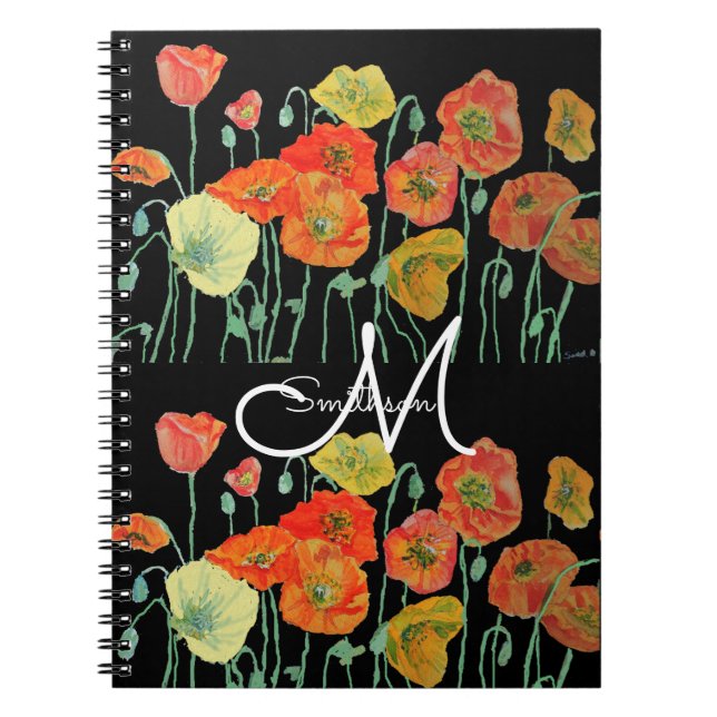 Caderno Espiral Papoulas Laranja Vermelha florais em aquarela pret (Frente)