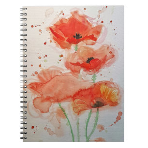 Caderno Espiral Papoulas Vermelhas Vibrantes Aquarela Flor Floral 