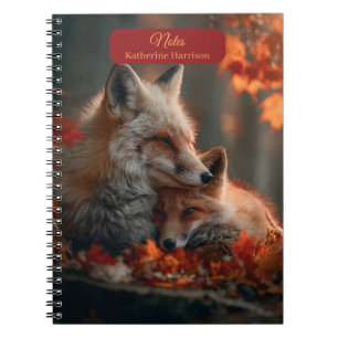 Caderno Espiral Par amoroso casal de raposas vermelhas em folhas d